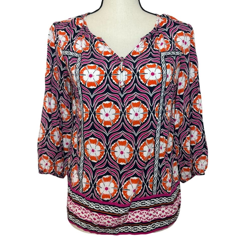 Crown & Ivy XS Women's Floral Blouse Pullover Top V-Neck Rayon Colorful